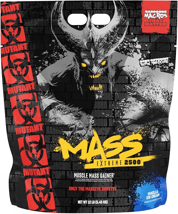 Mutant Mass Extreme 2500 - High Calorie Mass Gainer Whey Protein Powder with Creatine &amp Amino Acids - Muscle Building &amp Weight Gain Supplement for Hard Gainers - Vanilla Ice Cream 12 lbs