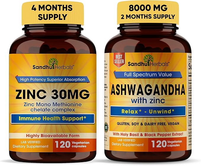 Sandhu Herbals Zinc 30mg Supplement and Organic 4 in 1 Ashwagandha Capsules with Zinc| Supports Healthy Skin Immune System| Non-GMO