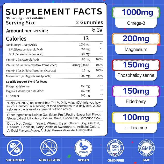 Omega-3 1000MG Gummies for Teen: Vegan Alternative to Fish Oil Omega 3 Supplements with Algae Omega 3 EPA DHA Vitamin D3 C Magnesium Elderberry - Teen Vitamins Omega3 Supplement(120Count)