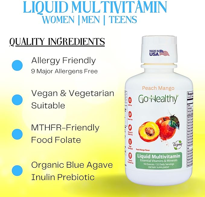 Go Healthy Liquid Vitamins for Women Men Teens | Vegan Vitamin &amp Mineral | High Absorption | Premium Liquid Multivitamin | Immune Support | Peach Mango - 32 Servings