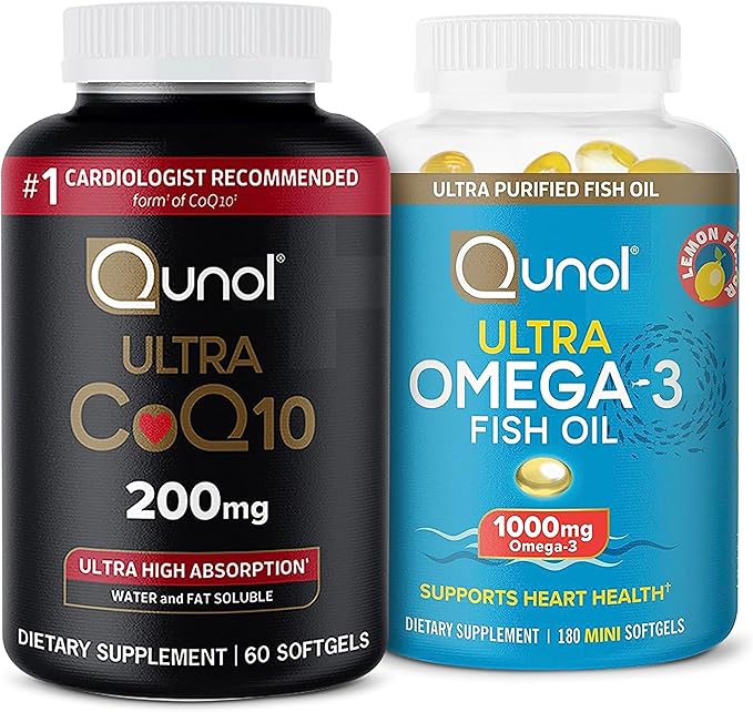 Qunol CoQ10 100mg Softgels 3X Better Absorption 4 Month Supply 120 Count + Fish Oil Omega 3 Mini Softgels 1000mg Omega 3 EPA + DHA 3 Month Supply 180 Count