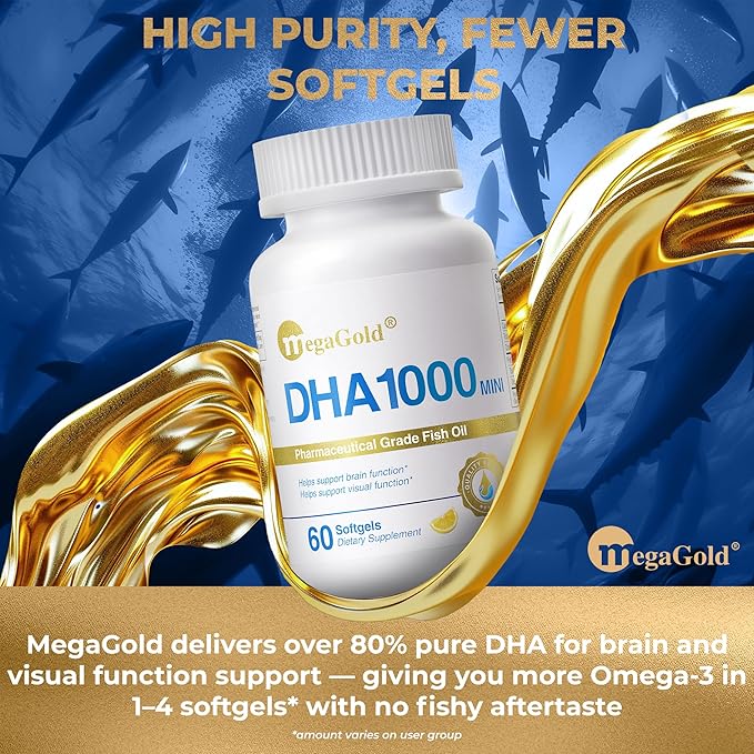DHA 1000 Fish Oil Omega 3 Supplement - High DHA &amp 1000mg of Omega-3 Fatty Acids Burpless Fish Oil Capsules for Men and Women Supports Brain and Eye Health* - 60 Count Mini Softgels