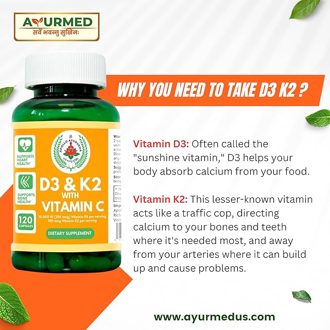 Vitamin D3 10000 IU &amp Vitamin K2 100 mcg with Vitamin C - 120 Capsules - Heart &amp Bone Support Capsule Supplemet - Non-GMO &amp Gluten Free Made in USA