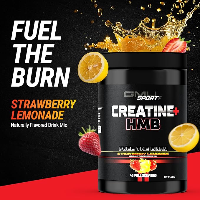 GMU SPORT Creatine 2.0 –Flavored Creatine + HMB Powder | 45 Servings |5g Creatine Monohydrate + 3g HMB + Piperine |Strength Recovery &amp Muscle Builder | Strawberry Lemonade Drink Mix for Men &amp