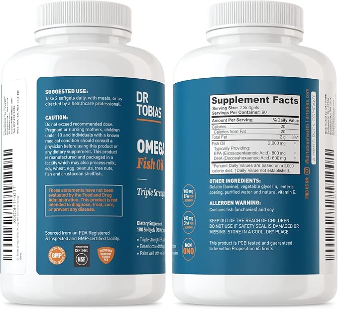 Dr. Tobias Omega 3 Fish Oil 2000mg and Turmeric Curcumin 95% Curcuminoids Promotes Overall Health with Antioxidant Support