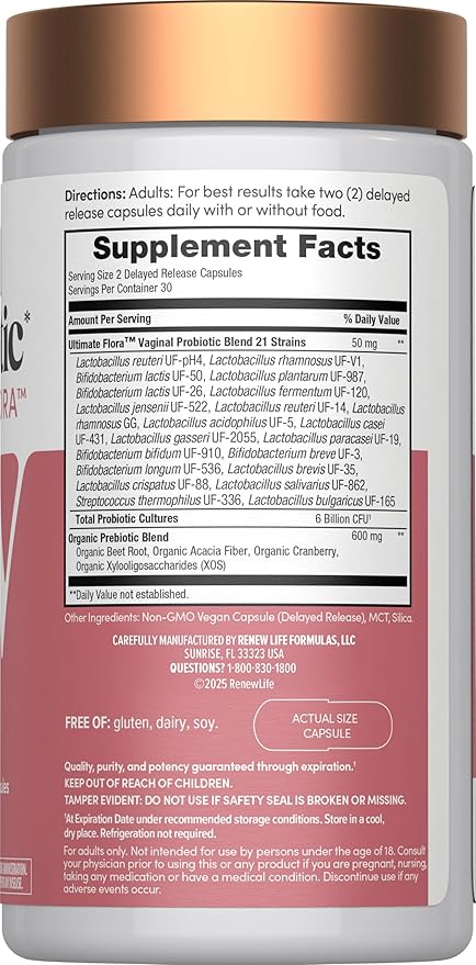 Renew Life Ultimate Flora Vaginal Probiotics for Women | 6 Billion CFU | 60 Delayed Release Vegan Capsules | Vaginal Health and pH Balance | Dairy Soy and Gluten Free Supplement