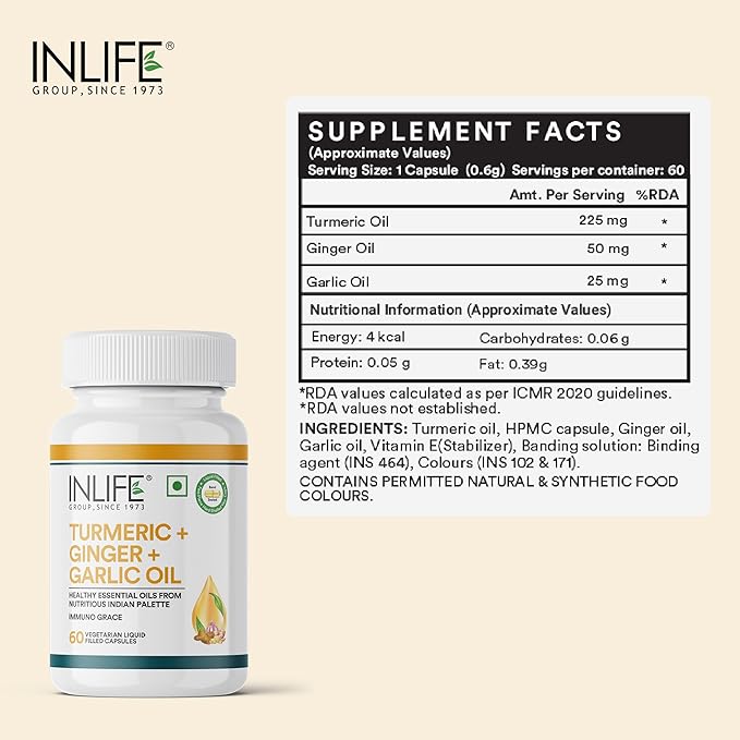 INLIFE Organic Turmeric Ginger Garlic Capsules 300mg (Liquid Filled) for Inflammation Joint Support Immune Support &amp Heart Health | Ayurvedic Vegitarian GMP Tested - (60 Count)