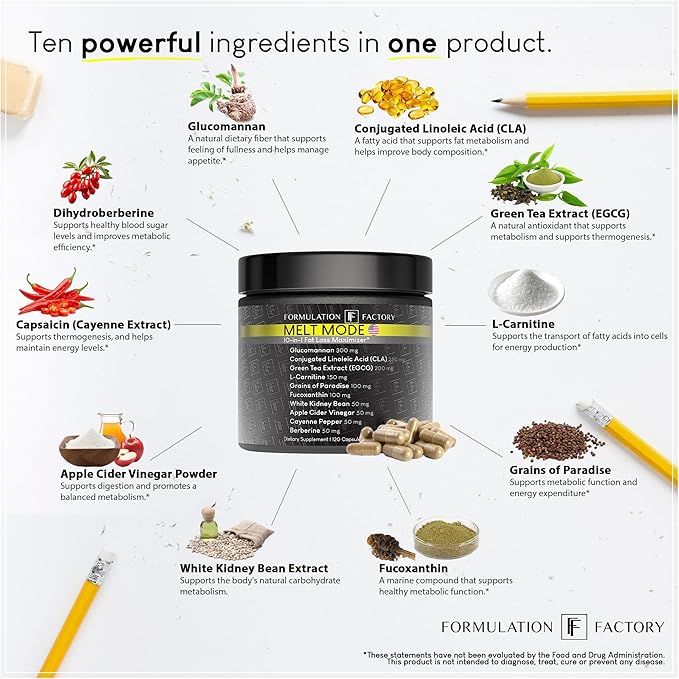 Formulation Factory Metabolism Booster - Melt Mode Natural Thermogenic Support with Glucomannan L-Carnitine &amp Green Tea Extract - Advanced Satiety &amp Energy - 120 Capsules 2 Month Supply