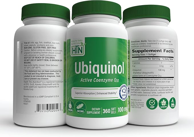 Health Thru Nutrition Ubiquinol 100mg 360 Softgels as Kaneka QH Reduced CoQ-10 | Stabilized - 3rd Party Tested | Enhanced Bioavailability | Cardiovascular &amp Mitochondria Function Support | Non-GMO