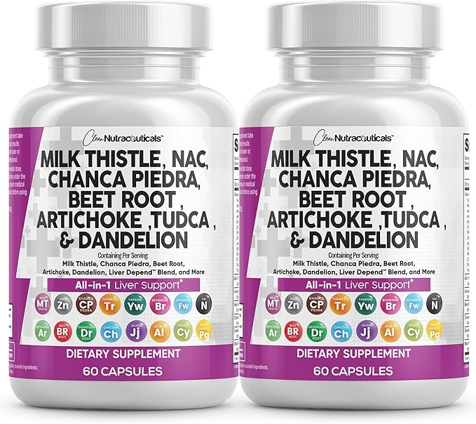 Clean Nutraceuticals Milk Thistle NAC Chanca Piedra Beet Root Artichoke Astragalus Dandelion Root - Liver Cleanse Supplement Plus TUDCA Choline &amp Ginger - 2Pack