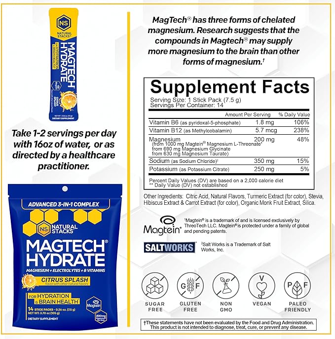 Magtech Magnesium Capsules + Hydration Powder Bundle - 3 Forms of Magnesium - Featuring Magtein L-Threonate - Brain Health &amp Hydration Support* - 74 Total Servings