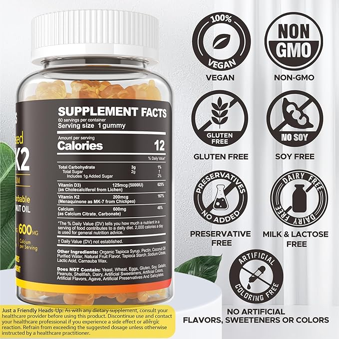 Vitamin D3 5000iu &amp K2( as MK7 ) 200mcg Gummies + 600mg Calcium with Coconut Oil for High Absorption Maximum Strength Vitamin D3 K2 Supplement - Support for Bones Muscle Teeth Immune Vegan 2Pac