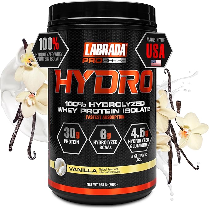 LABRADA Hydro 100% Pure Hydrolyzed Whey Protein Isolate Powder Lactose Free 6g BCAA’s 4.5g Glutamine Fastest Digesting Whey Available Instant Mixing Delicious Taste 20 Servings (Vanilla)