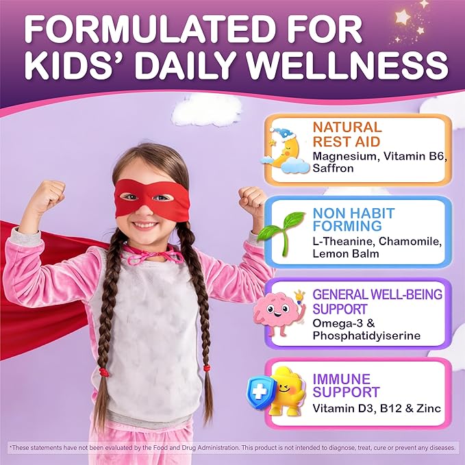 Magnesium Gummies for Kids - Magnesium Glycinate Chewable Supplement with L-Theanine Vitamin B6 Phosphatidyiserine and Omega for Kids Natural Zzz Development &amp Overall Health - Sugar Free &amp
