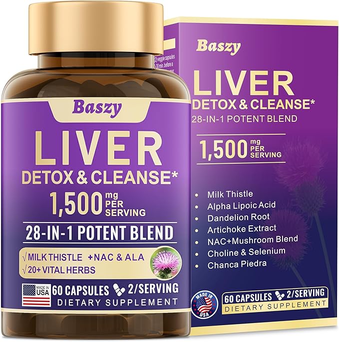 28-in-1 Liver Cleanse Detox &amp Repair - 1500mg Liver Health Support with Milk Thistle Dandelion Root Artichoke Extract and 20+ Herbal Liver Support Supplements - Made in USA - 60 Capsules