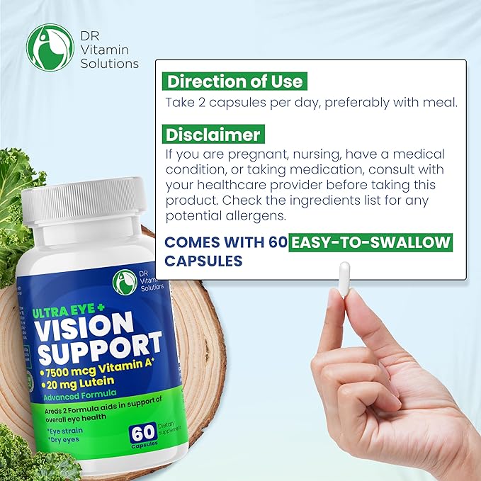 Vision Support Eye Vitamins for Macular Health | Supplements with Lutein Zinc Vitamin A &amp Bilberry | Areds 2 Formula for Red &amp Dry Eyes Sight Care (1 Bottle 60 Capsules)
