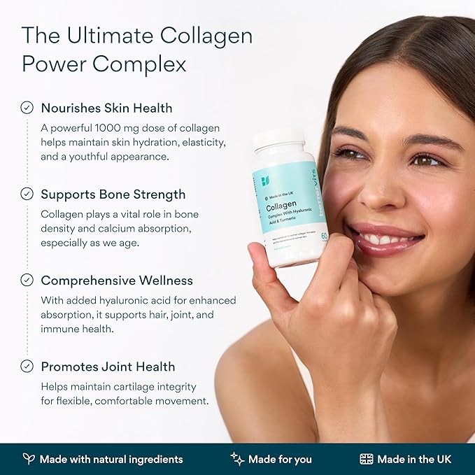 Bettervits Collagen Peptides Complex with Hyaluronic Acid &amp Turmeric | Hydrolyzed Marine Collagen Supplements for Women &amp Men | Collagen with Vitamin C for Skin Hair Nails &amp Joints – 60
