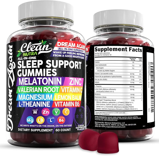 Clean Nutra Melatonin Gummies 10mg | Sleep Aid Valerian Root L-Theanine Vitamin B6 C Lemon Balm Magnesium Hibiscus Beta Carotene Saffron &amp Chamomile Rest Support Supplement Raspberry Flavor