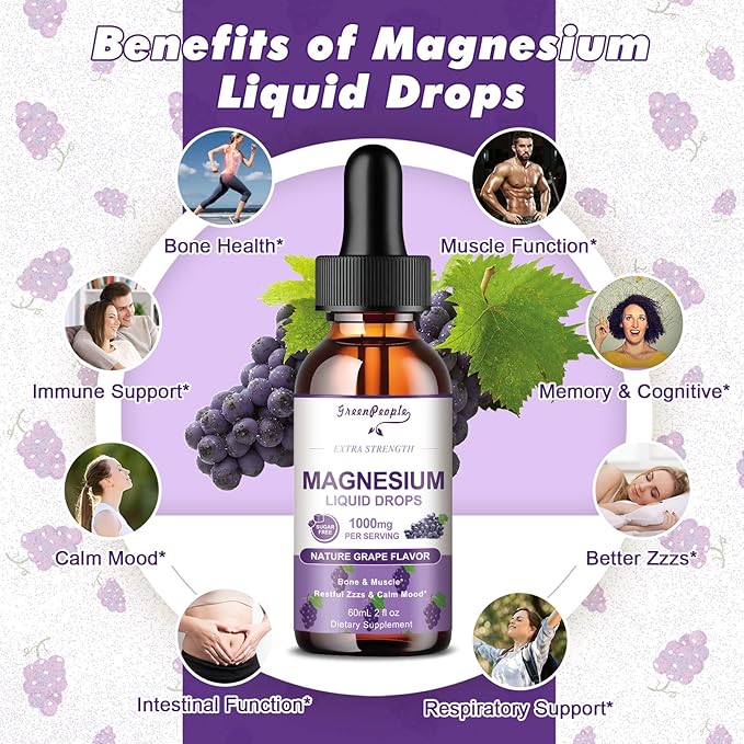GREENPEOPLE Magnesium Glycinate Liquid Drops - 1000mg 5-in-1 High Absorption Liquid Magnesium for Sleep with D3/K2/B6 | Fast-Acting Bone Muscle &amp Sleep | Sugar-Free Grape Flavor 2fl Oz