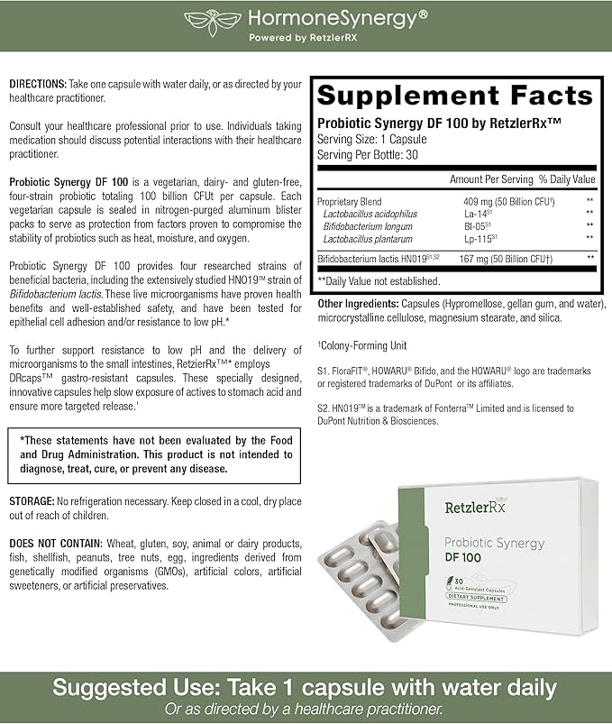Probiotic Synergy DF 100 Billion CFU - 30 Acid Resistant DRCaps - Lactobacillus Acidophilus La-14 Lactobacillus Plantarum Lp-115 Bifidobacterium Longum Bl-05 HOWARU Bifido HN019