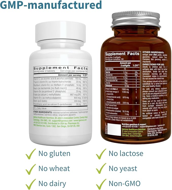 Super B-Complex 180 Tablets &amp High Absorption Omega-3 Wild Fish Oil 1360mg Bundle Methylated Sustained Release B Complex and 1000mg EPA &amp DHA with Astaxanthin by Igennus