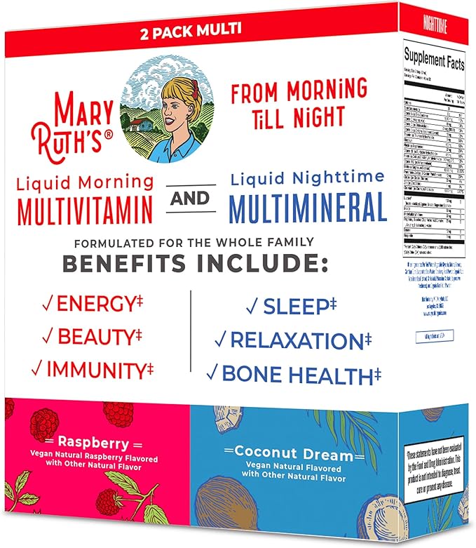 MaryRuth Organics Liquid Morning Multivitamin &amp Liquid Nighttime Multimineral Bundle Vegan Vitamin C Vitamin D B Complex Magnesium Energy Beauty Sleep Support NO Melatonin 32 Fl Oz Each