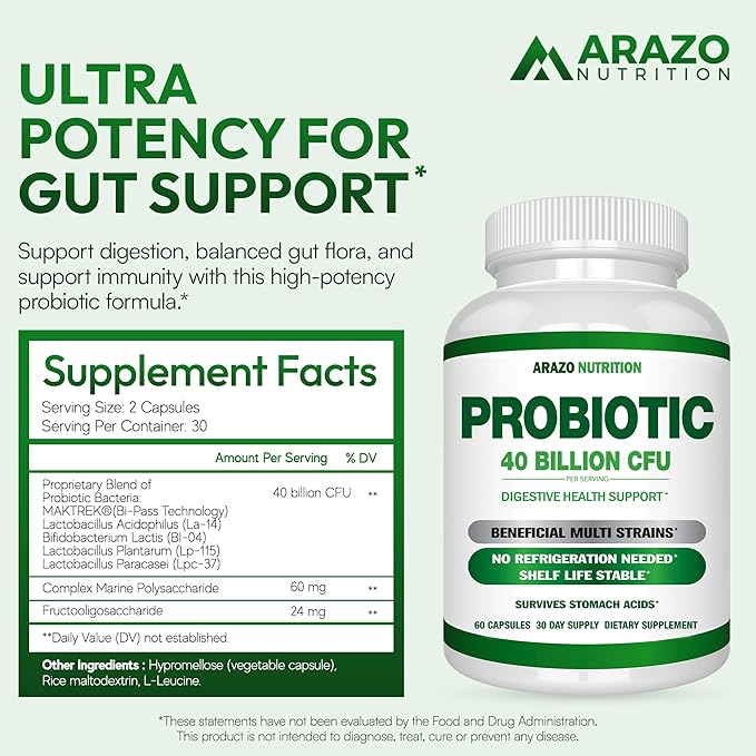 Arazo Nutrition Probiotic 40 Billion CFU - Shelf Stable with Prebiotics and Acidophilus - Stable Potency Until Expiration – Time Delay Release Probiotics (Pack of 2)