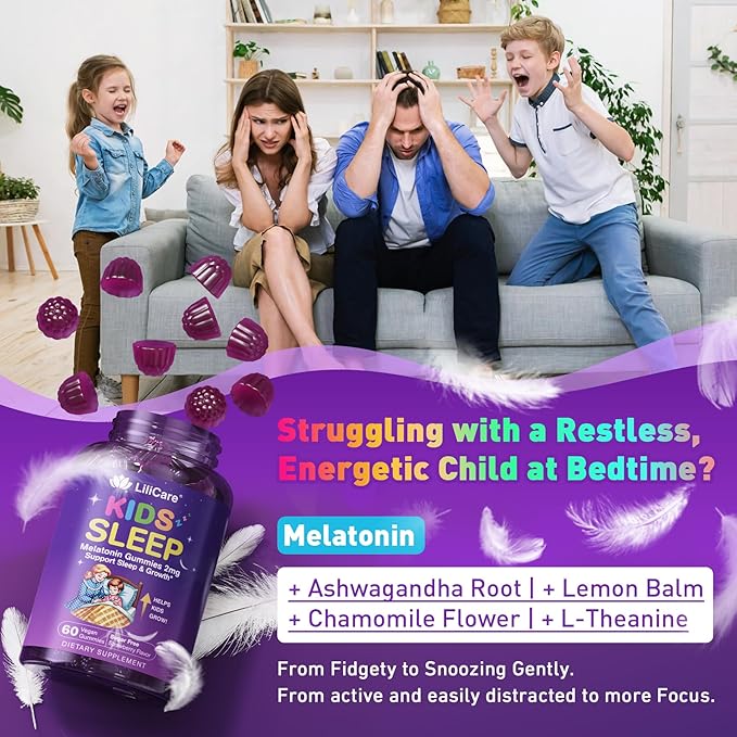 Kids Sleep Gummies Kid Calcium Gummies + D3 Sleep Aid Kid Ashwagandha Gummy Phosphatidylserine L-Theanine for Brain Focus Unwind Sweet Dream Magic Supplement for Kids Parents 2Pack