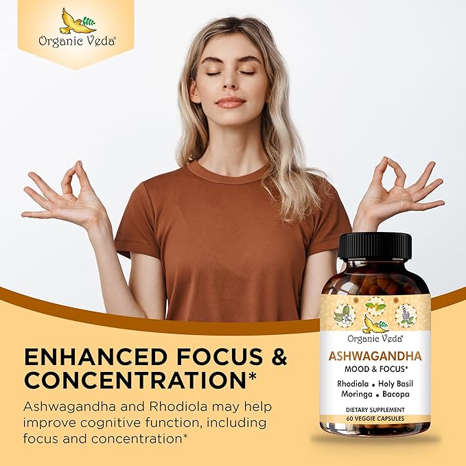 Organic Veda Ashwagandha Mood Support Supplement 1200mg with Organic Ashwagandha Root Bacopa Rhodiola Rosea Holy Basil Moringa Focus &amp Energy Support - 60 Vegan Capsules