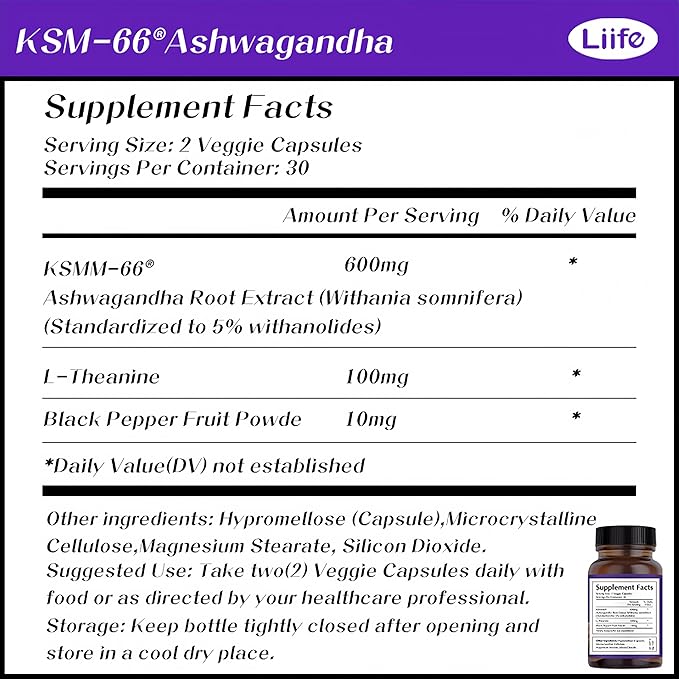 LIIFE KSM-66 Ashwagandha 600mg | with L-Theanine &ampBlack Pepper| Natural Stress Relief Cortisol &amp Sleep Aid Supplement for Men &amp Women | Muscle Growth &amp Mood Relaxation Energy |60 Veg