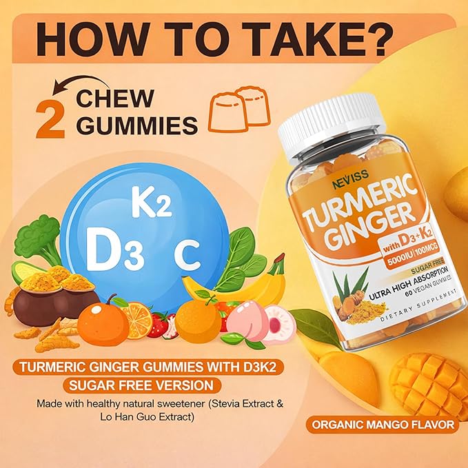 Turmeric and Ginger Gummies Supplement 1500mg w/Vitamin D3 5000 IU K2 (MK7) &amp Black Pepper Sugar Free Vegan Ginger and Turmeric Curcumin Supplements Gummy for Bone Immune &amp Digestive Health