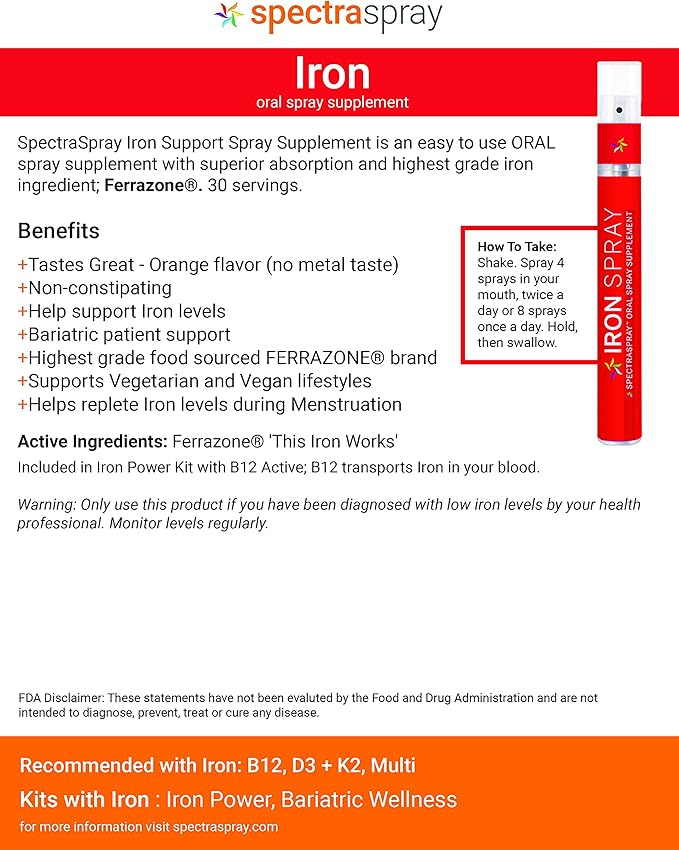 SpectraSpray Iron Daily Supplement 3 mg per Serving - Oral Spray Essential Mineral Iron 30 Day Supply per Spray Vegan Gluten Free &amp no GMOs