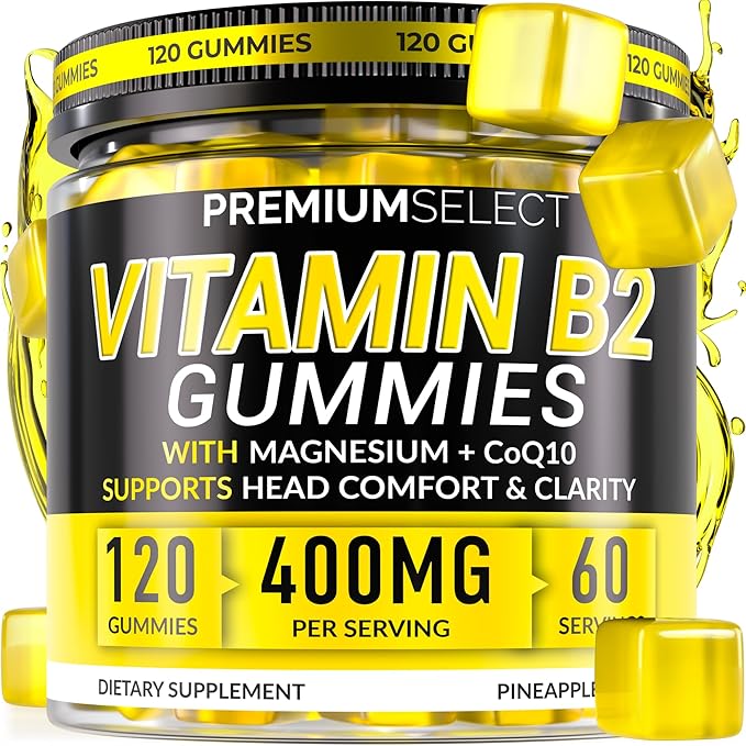 Vitamin B2 Gummies Riboflavin 400mg – 120 Gummies with Magnesium CoQ10 &amp Vitamin B2 for Adults – Sugar Free B2 Vitamin 400mg for Energy Head Comfort &amp Nervous System Support