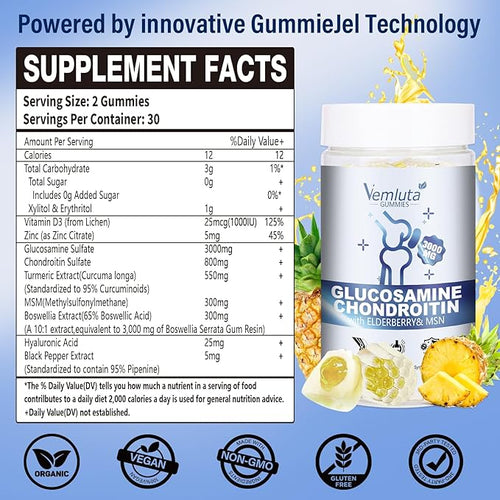 2 Packs Glucosamine Chondroitin Gummies - 3000MG Extra Strength Joint Support Supplement with MSM Flexibility Antioxidant Immune Support Gummy for Adults Men &amp Women - 120 Cts