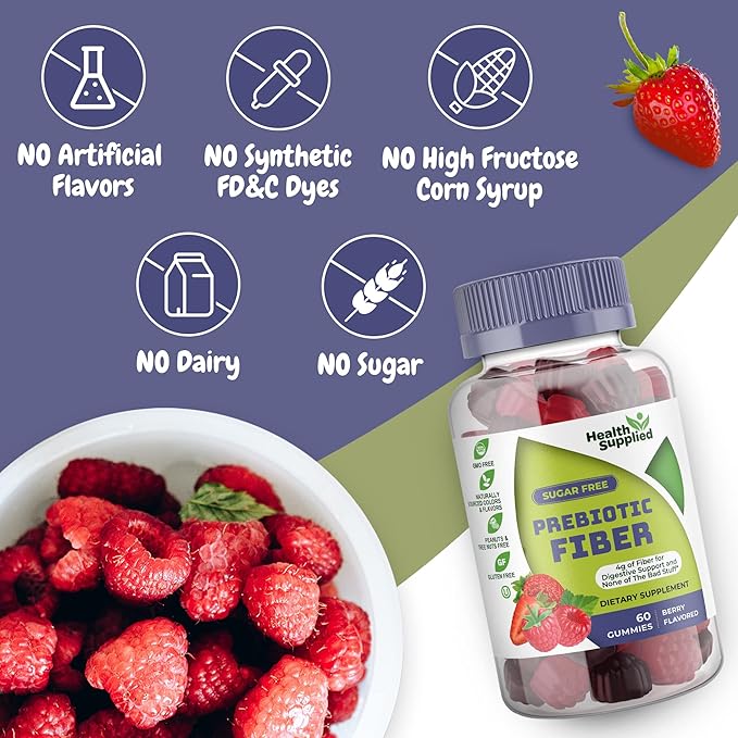 Health Supplied Mixed Berry Flavored Prebiotic Fiber Gummies - Supports Digestive System Gut Cleansing Constipation Relief - Assists with Weight Loss Plan - Great Tasting and Easy to Swallow