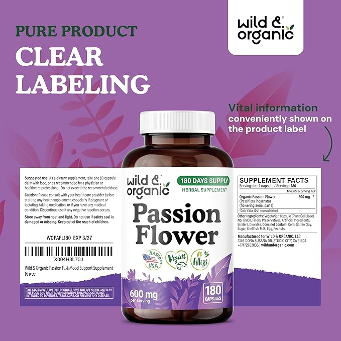 Wild &amp Organic Passion Flower Capsules 600 mg - Calming &amp Mood Support - Passionflower Extract Supplement - Passiflora Incarnata Herb - Vegan No Fillers Non-GMO - 180 Count