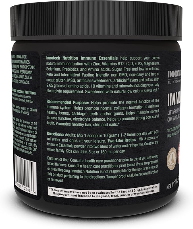 Innotech Nutrition Immune Essentials Immune Support &amp Hydration Zinc Vitamin D3 &amp Vitamin C Healthy Lemonade 300g