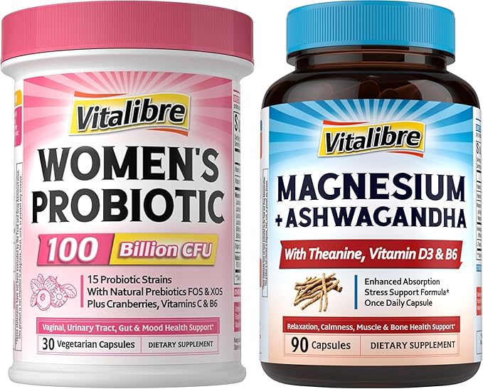 Probiotics for Women 100 Billion CFU 15 Strains 30 Capsules Magnesium Complex with Ashwagandha &amp L-Theanine 120 Capsules