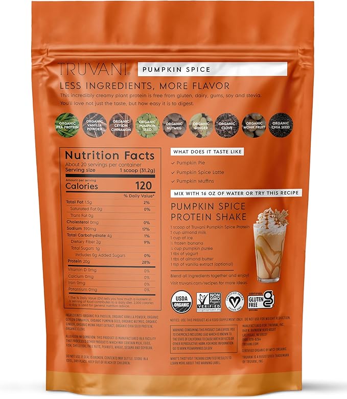Truvani Vegan Pea Protein Powder | Pumpkin Spice | 20g Organic Plant Based Protein | 20 Servings | Keto | Gluten &amp Dairy Free | Low Carb | No Added Sugar