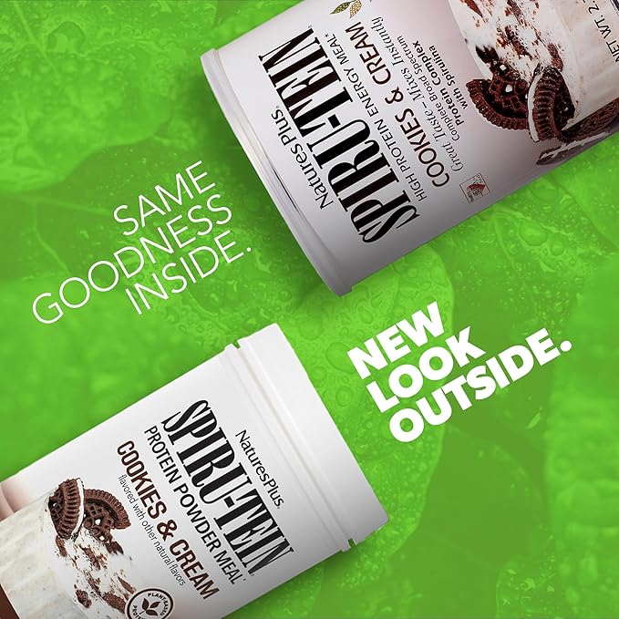 NaturesPlus SPIRU-TEIN Cookies &amp Cream - 2.3 lbs - Plant-Based Protein Shake - Non-GMO Vegetarian Gluten Free - 30 Servings