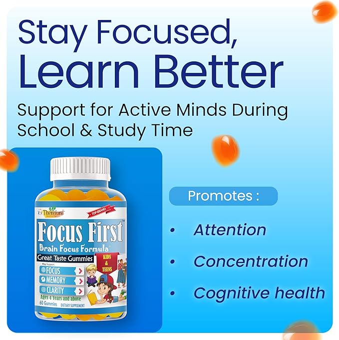 Focus First Kids Focus and Attention Supplements Teen Vitamin Brain Support Focus Gummies For Teens Brain Supplements For Memory And Focus For Kids Vegan Non-GMO Fruity Flavor – 60 Gummies