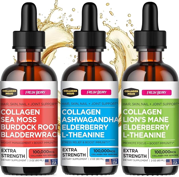 Collagen Mojo Liquid Collagen Peptides with Sea Moss Burdock Root &amp Bladderwrack + Ashwagandha Elderberry &amp L-Theanine + Lions Mane Mushroom Elderberry &amp L-Theanine