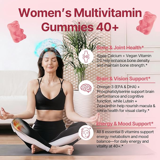 Multivitamin for Women Gummies for 40+ with Omega-3 Phosphatidylserine B-Complex Lutein Algae Calcium + Vitamin D3 for Brain Eye Energy Immune &amp Bone Support* – Vegan Sugar Free 120 Cts