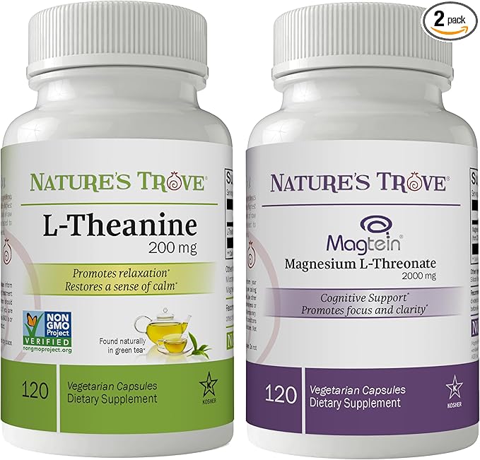 Nature's Trove L-Theanine Supplement 200mg &amp Magtein Magnesium L-Threonate Supplement 2000 Mg – Sleep Calm &amp Stress Relief Bundle