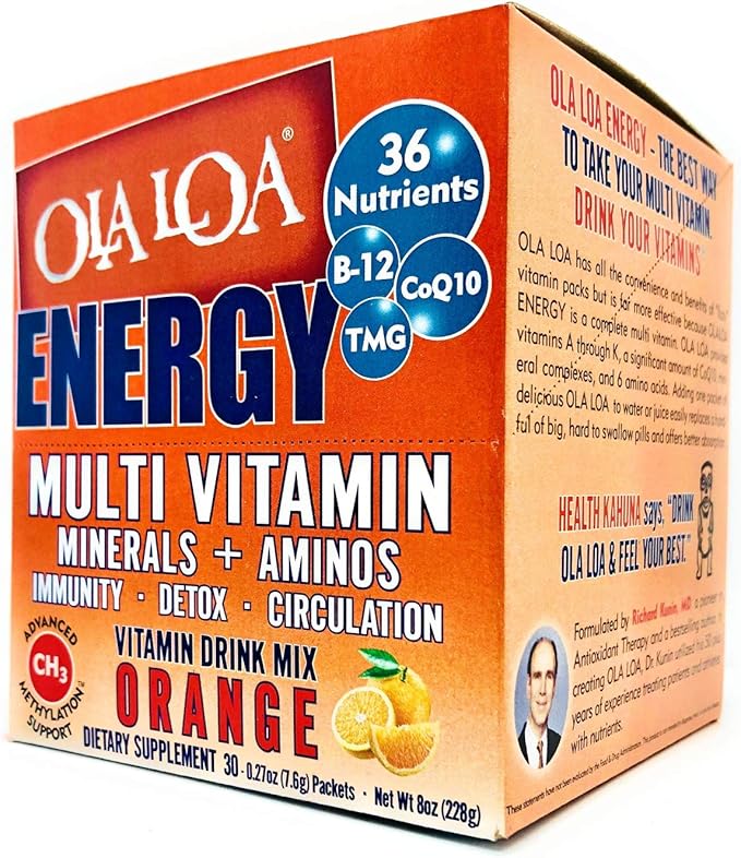 Ola Loa Energy Orange Multi Vitamin Drink Mix - Amino Energy Powder Gluten Free Detox Dairy Free Caffeine Free - Drink Your Vitamins for the Rigors of Daily Life - 30 Packets (8.25oz)