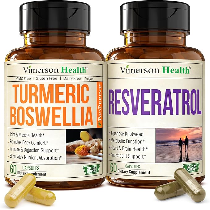 Boswellia Turmeric Curcumin Supplement + Resveratrol Japanese Knotweed Capsules Bundle – for Healthy Aging Joint &amp Cardiovascular Support – with Ginger Root Organic Tumeric Powder Green Tea Ext