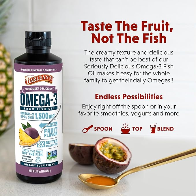 Barlean's Omega 3 Fish Oil Liquid Supplement for Men and Women 1500mg of EPA and DHA Fatty Acid Promotes Brain &amp Heart Health - Non-GMO Passion Pineapple Smoothie 16 oz