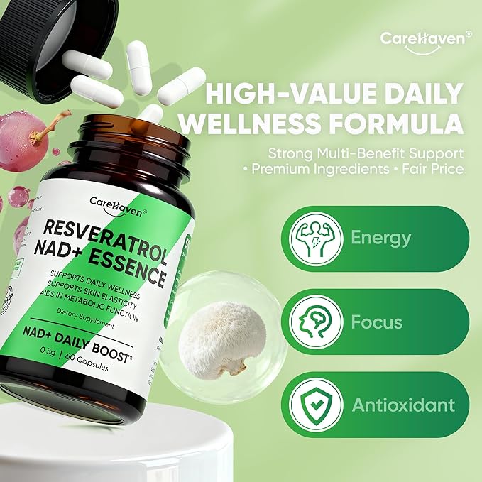 NAD+ Resveratrol Essence Capsules - 5mg NAD+ &amp Lion's Mane Mushroom - Supports Healthy Cell Function &amp Daily Wellness - 60 Active Dietary Capsules (1PCS)