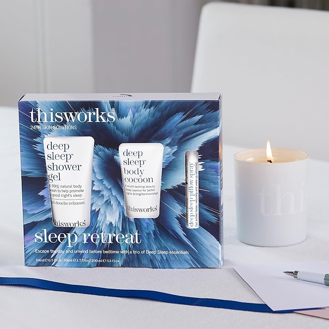 thisworks Sleep Retreat Box Gift Set: Deep Sleep Pillow Spray Body Moisturizer and Shower Gel. Travel set to Promote Sleep with Lavender Camomile and Vetivert