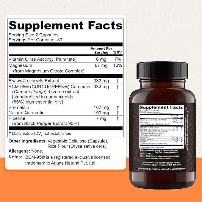UpWellness Golden Revive + Joint Support Supplement Featuring Turmeric with Black Pepper Quercetin and Magnesium- Turmeric Boswellia Supplement - 6 Active Ingredients for Joint Care - 60 Capsules